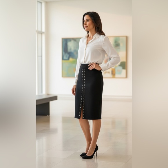 White House Black Market Dresses & Skirts - WHBM Black Studded Pencil Skirt Front Slit Gold Studs Size 0